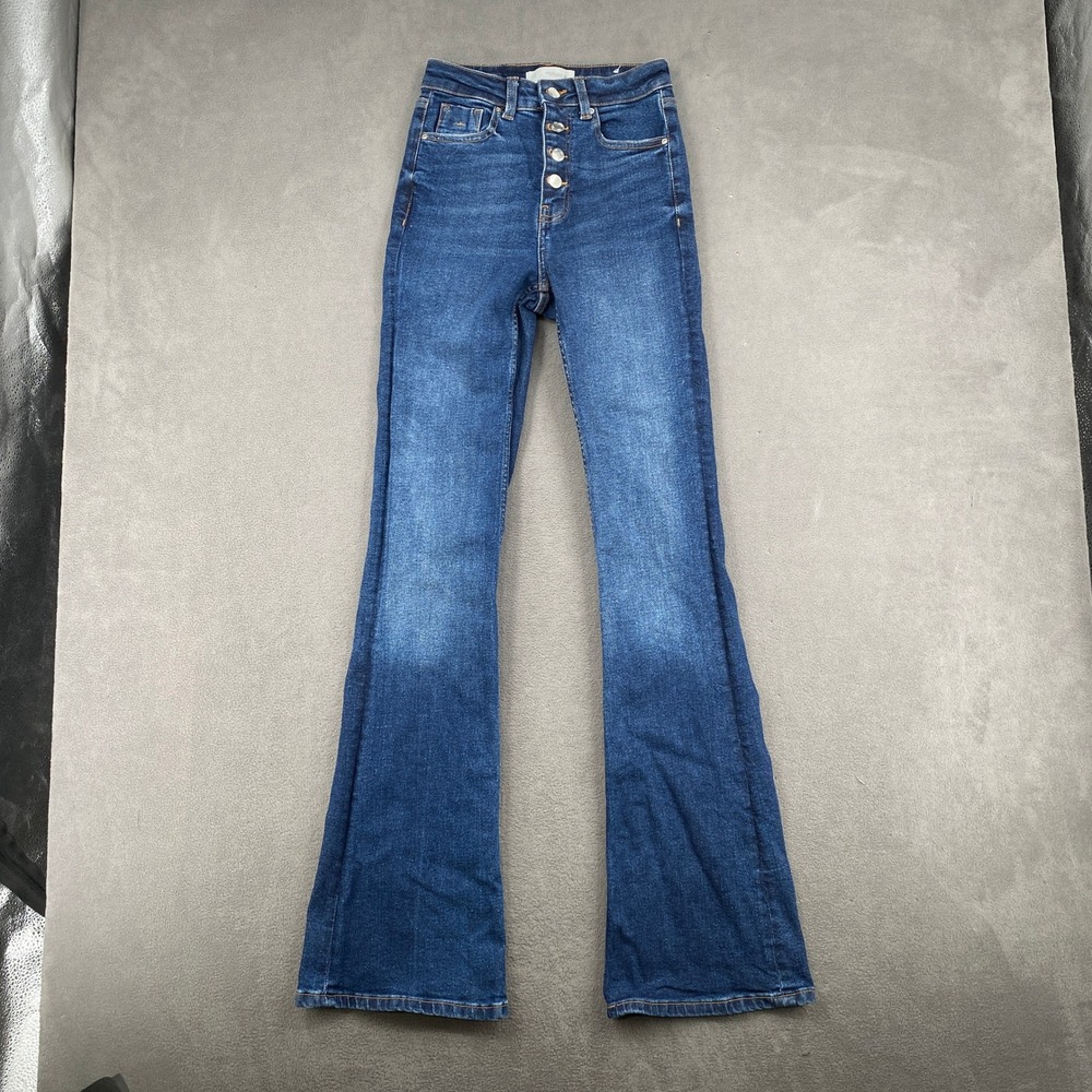 Zara Womens High Waisted Flare Jeans Dark Wash Button Fly Size 2